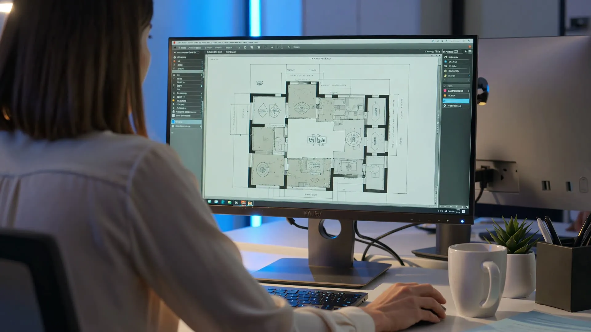 Estimator reviewing a floor plan on screen during preconstruction