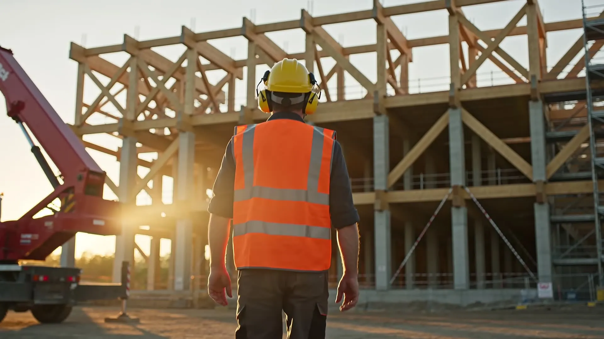 Worker walking toward a heavy timber frame at sunrise